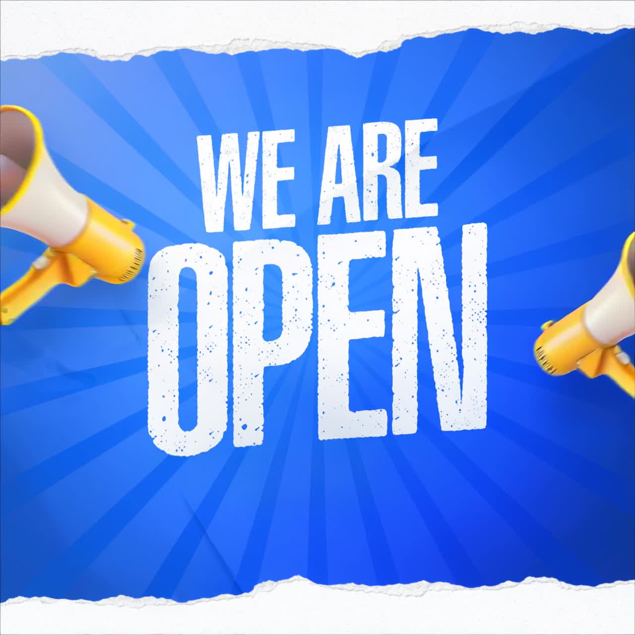 We Are Open animation with megaphones and bold typography on blue background