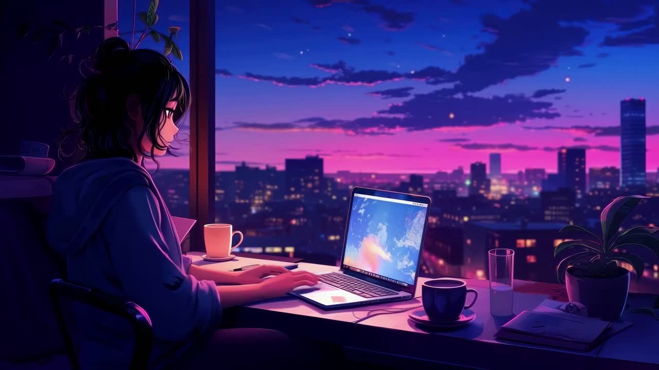 A serene, low-angle video concept of a person working on a laptop by a window, overlooking a vibrant