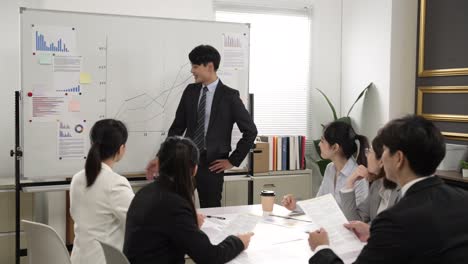 쾌활한 아시아 여성 세일즈 매니저가 보드 위의 그래프를 설명하고 손짓으로 동료들과의 회의 중에 좋은 업무 결과에 대해 박수를 치고 있습니다.