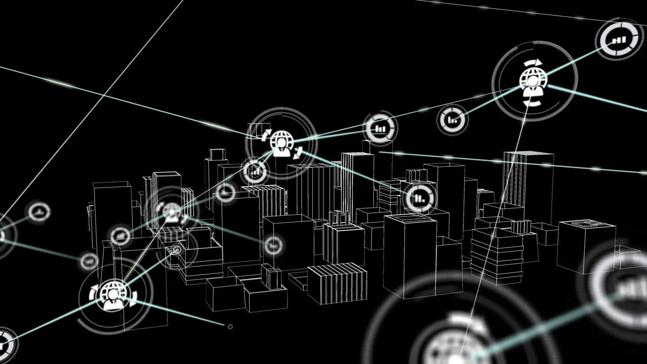 animación de la red de conexiones con iconos sobre el dibujo de la ciudad en 3d