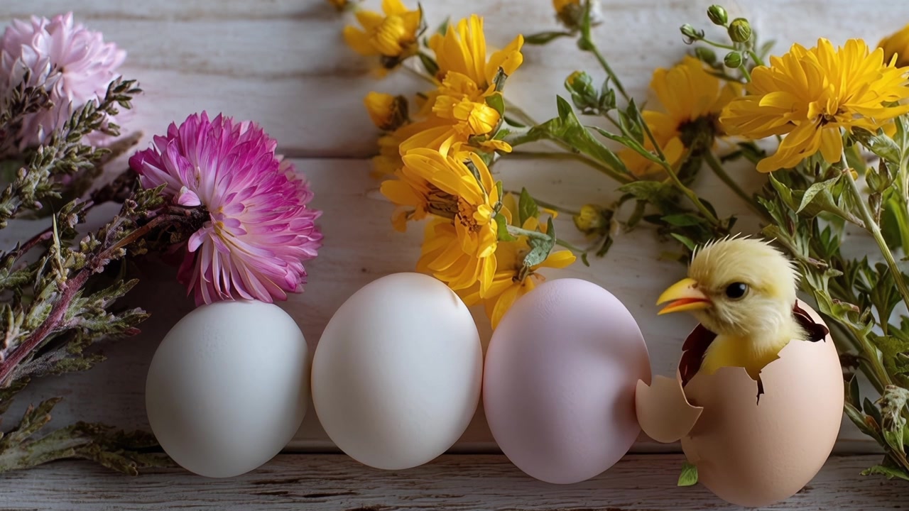 Cute Chick Hatching from an Egg Among Spring Flowers