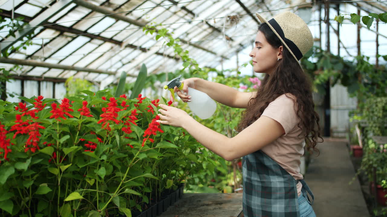 mujer regando plantas en un invernadero