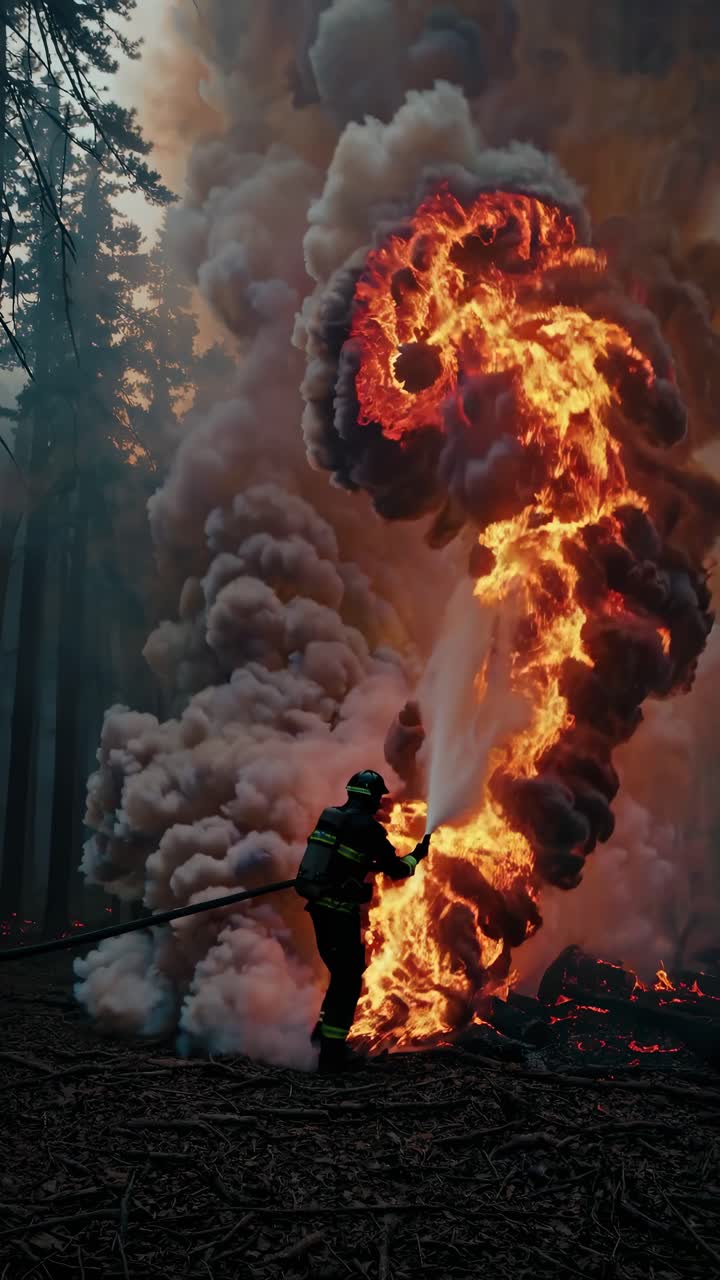 Una drammatica ripresa dal basso verso l'alto di un pompiere che combatte un incendio boschivo, che enfatizza l'intensità