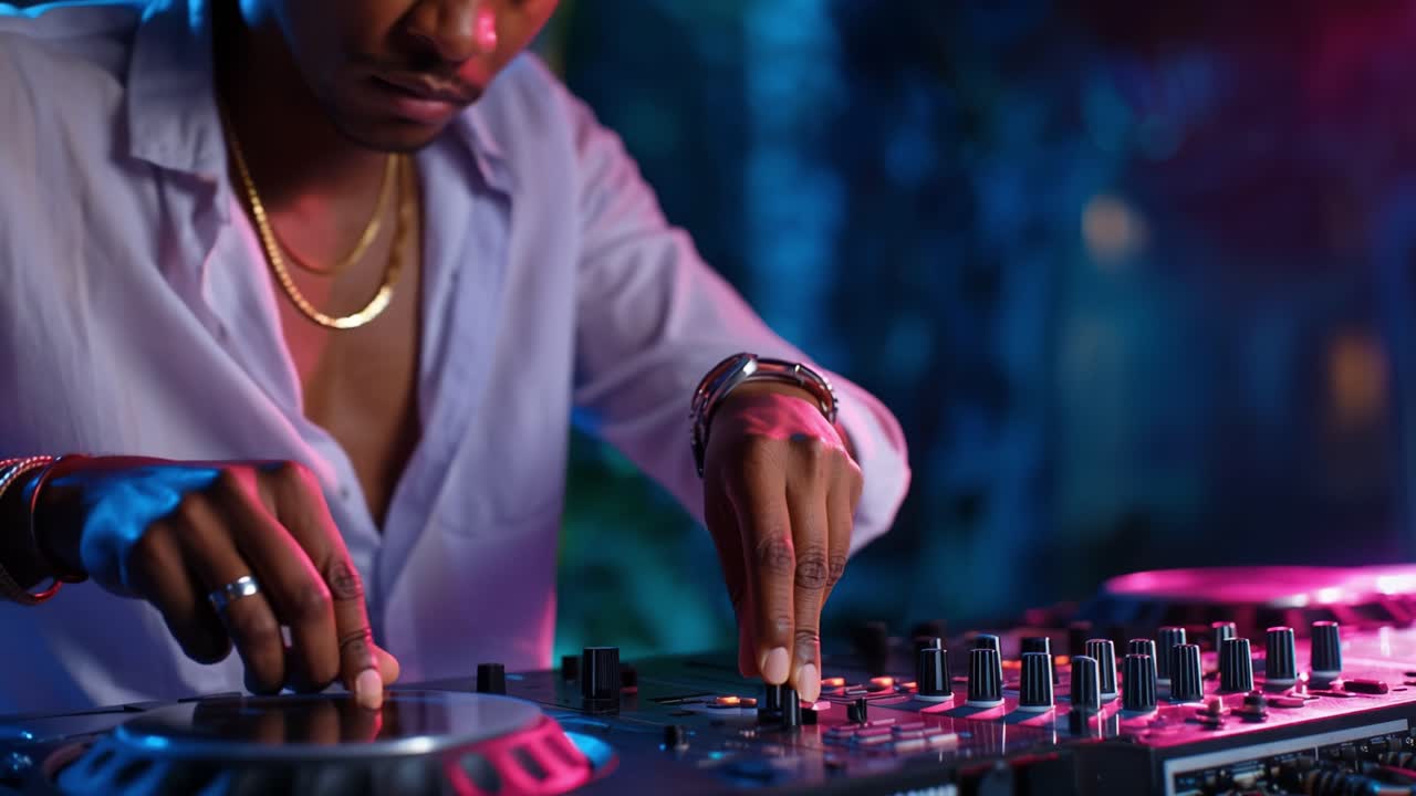 DJ regola i controlli con intensa concentrazione. Le mani si muovono con precisione, ritmo e passione. Le luci al neon proiettano vivaci tonalità rosa e blu. Perfetto per musica, vita notturna o elementi visivi di intrattenimento.