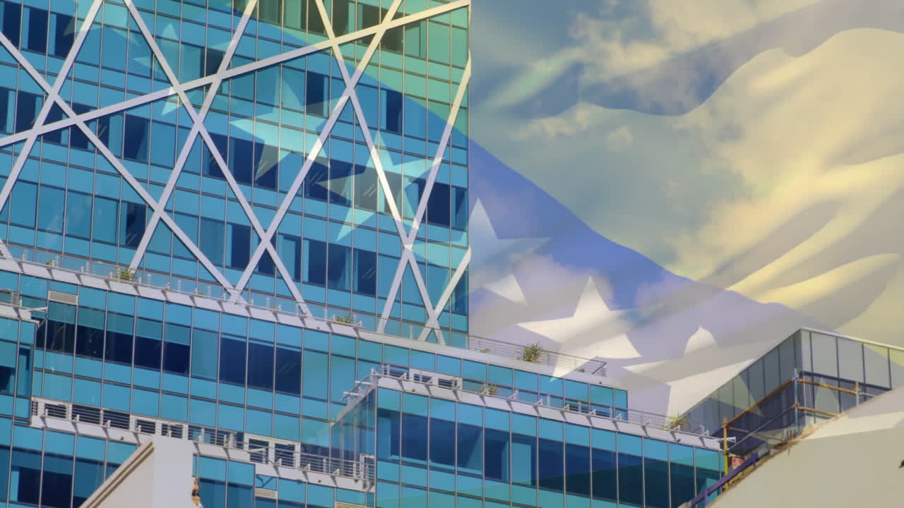Bosnia and Herzegovina flag animation over modern glass building with geometric patterns