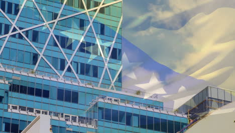 bosnia and herzegovina flag animation over modern glass building with geometric patterns