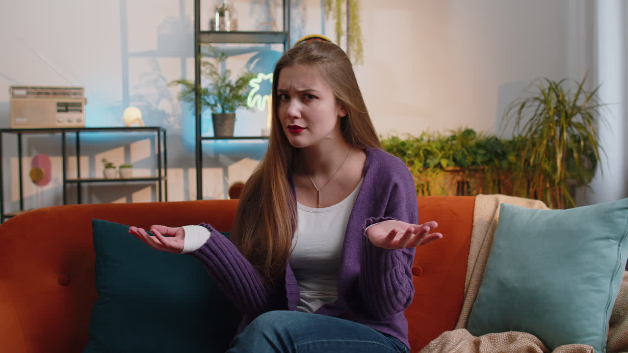 Pretty woman girl asking why what reason of failure demonstrating disbelief irritation by troubles