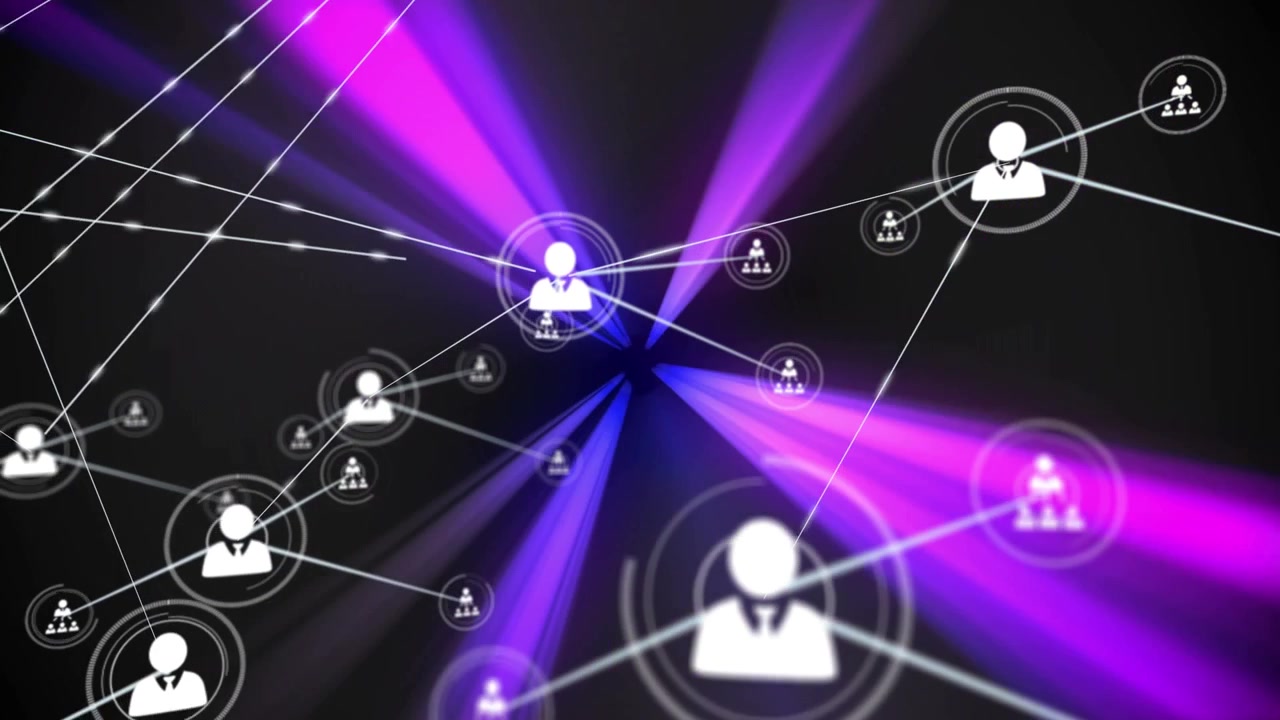Animation of profile icons connecting dots with neon light beams on digital interface
