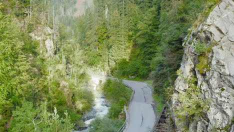 reveal of mountain wooden pathway along river and forest on sunny day