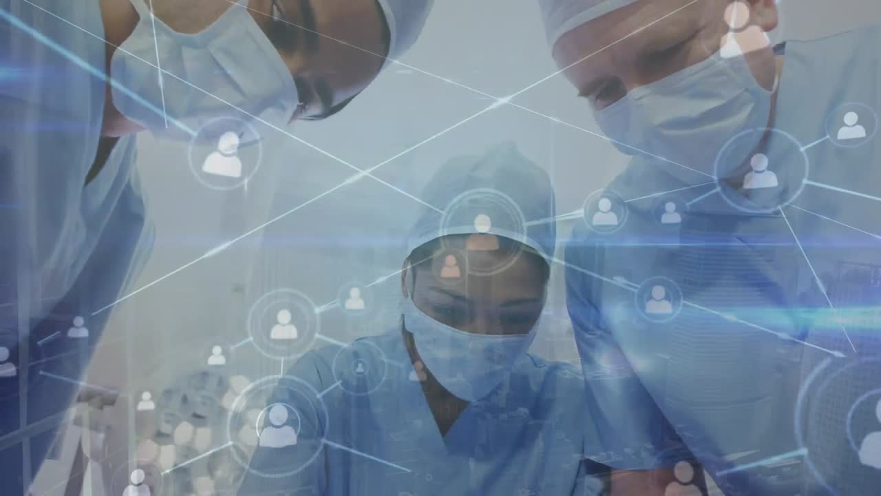 다양한 외과 의사들에 대한 아이콘으로 연결된 네트워크의 애니메이션