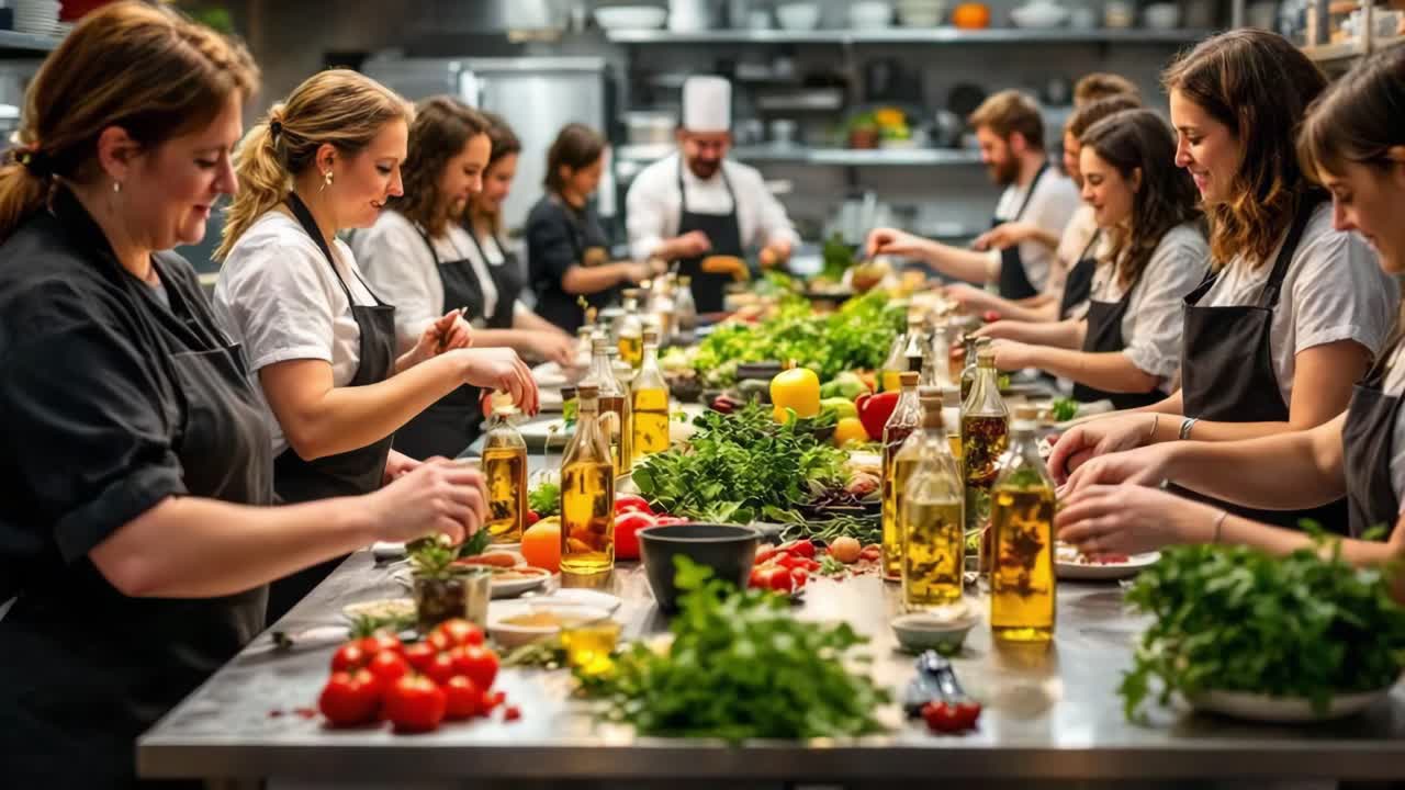 Group of chefs, both men and women, are engaged in preparing fresh ingredients in a bustling kitchen, showcasing teamwork and culinary skills in a vibrant workshop atmosphere