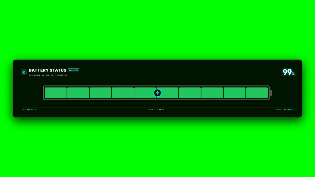 Digital Battery Charging Progress Bar Animation on Green Screen