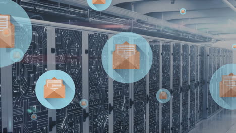 animation of floating email icons over computer servers processing data