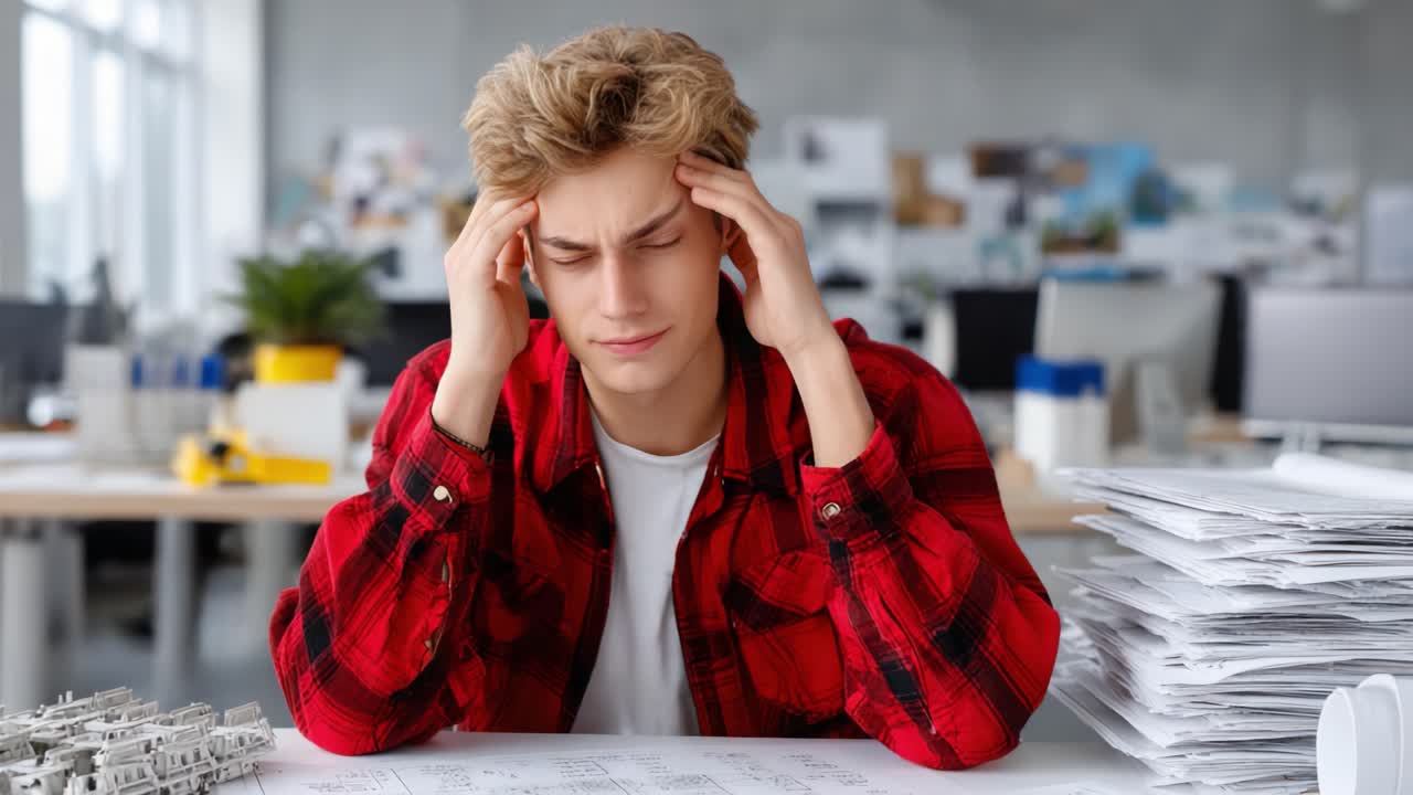Frustrated Young Man with Headache at Work in Modern Office, Surrounded by Papers and Models, Struggling with Stress and Overload in Professional Setting