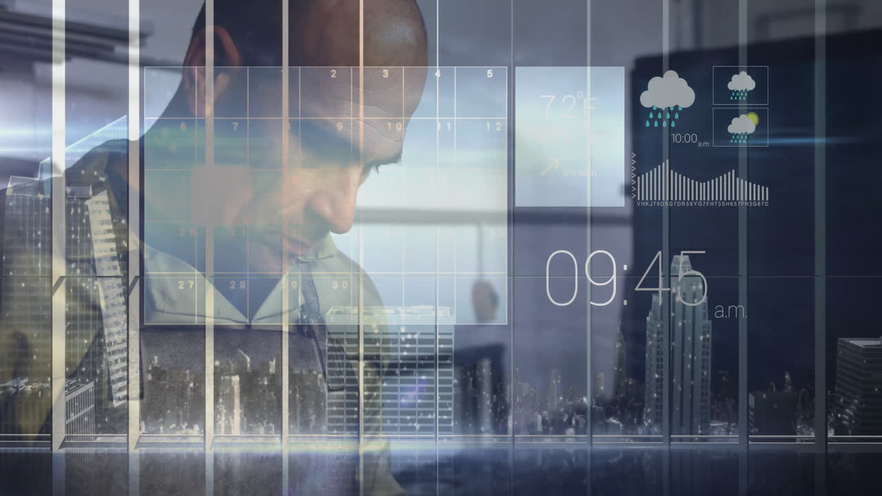 In office, man viewing animation of digital weather and time data on cityscape
