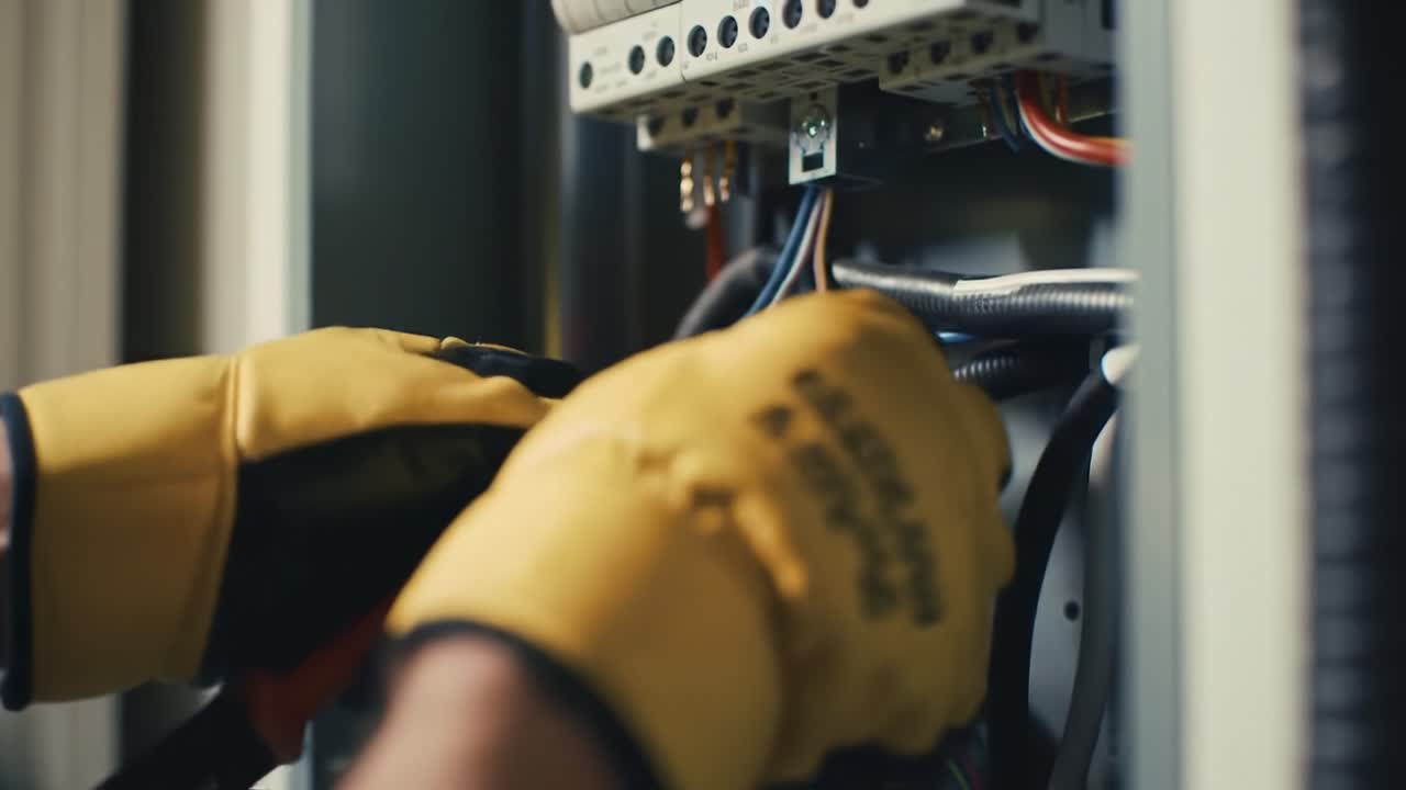 An electrician is carefully handling and connecting wires inside a control panel. The task requires focus and safety measures, highlighting the importance of proper equipment and techniques.