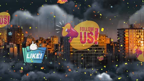 Confetti-falling-over-multiple-social-media-icons-floating-over-dark-clouds-against-cityscape