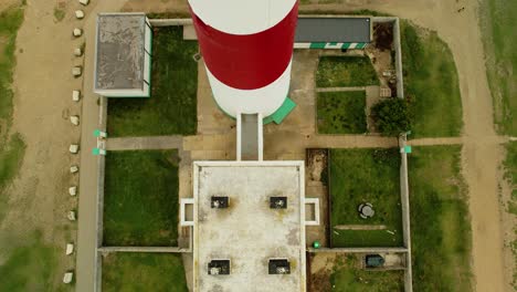 Portland-Bill-Birdseye-aerial-view-rising-above-striped-Dorset-lighthouse-landmark