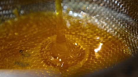 thick yellow honey flowing on the metal sieve. freshly gathered organic product at the rural apiary. close up.