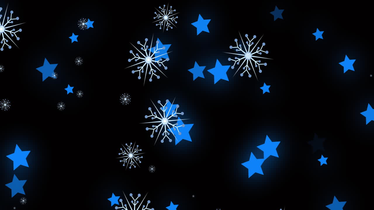 Animation of christmas snowflakes and stars falling on black background