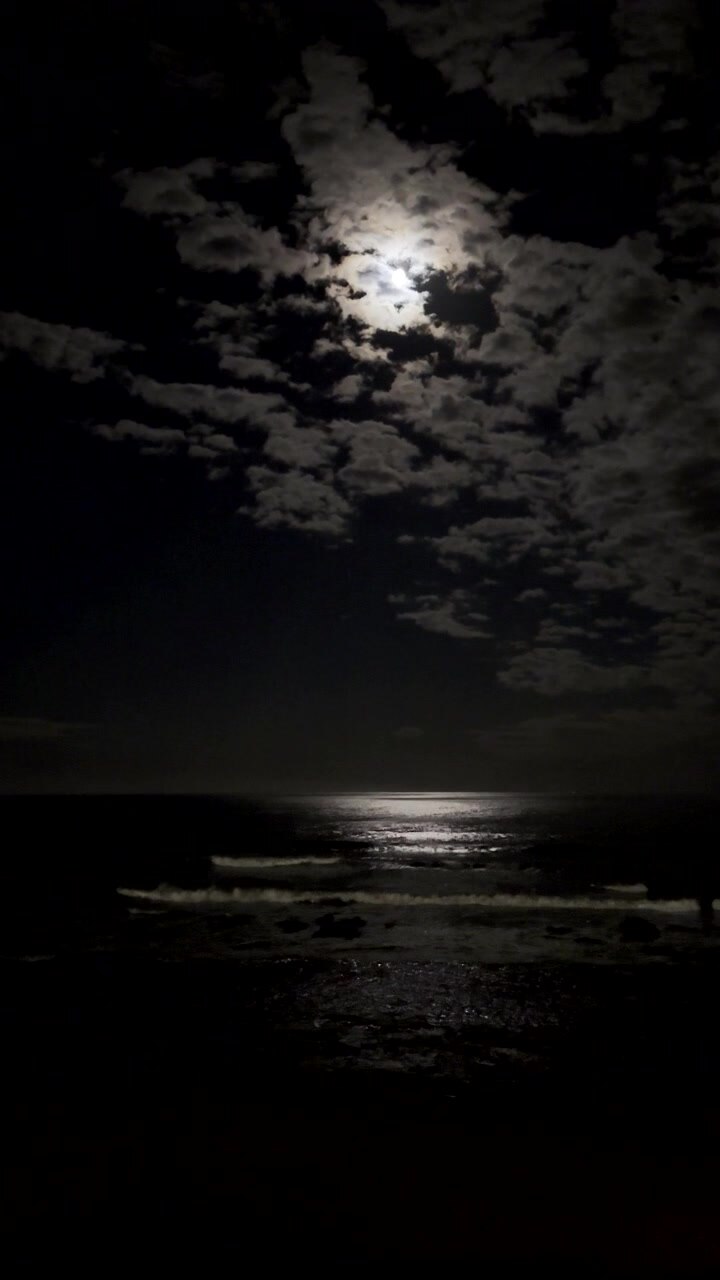 Verticale. Luce lunare della luna piena delle fragole riflessa sulla superficie dell'oceano.