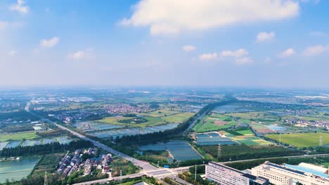 drone view of the outskirts of danyang city in jiangsu province, china.