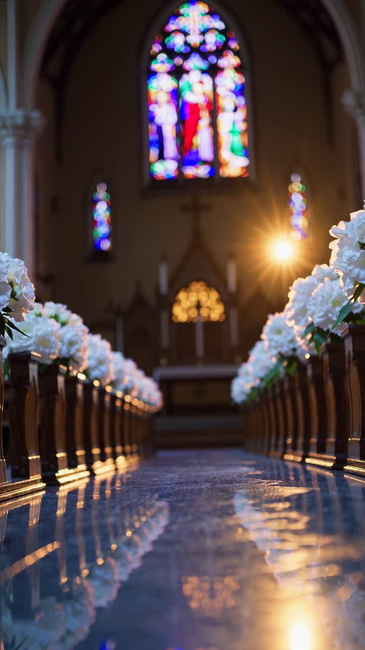 Elegante navata di chiesa decorata per matrimonio con vetrata.