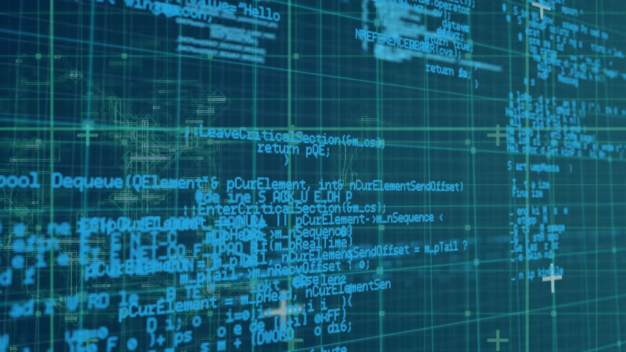 Digital animation of data processing over grid network on blue background