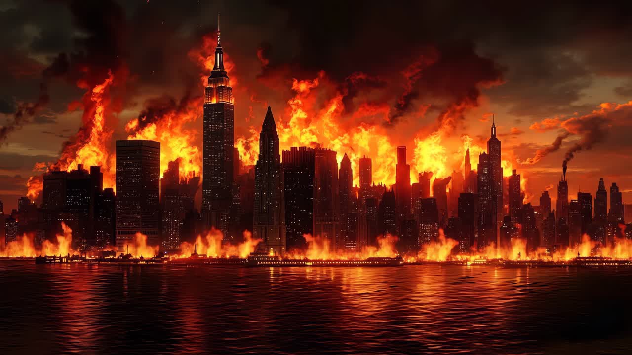 밤에 도시 한가운데에 불타고 있는 도시