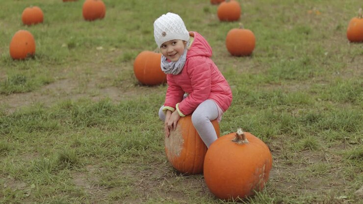 Playful child having fun in autumnal garden