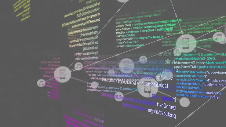 Animation of connected icons and multicolored computer language over black background