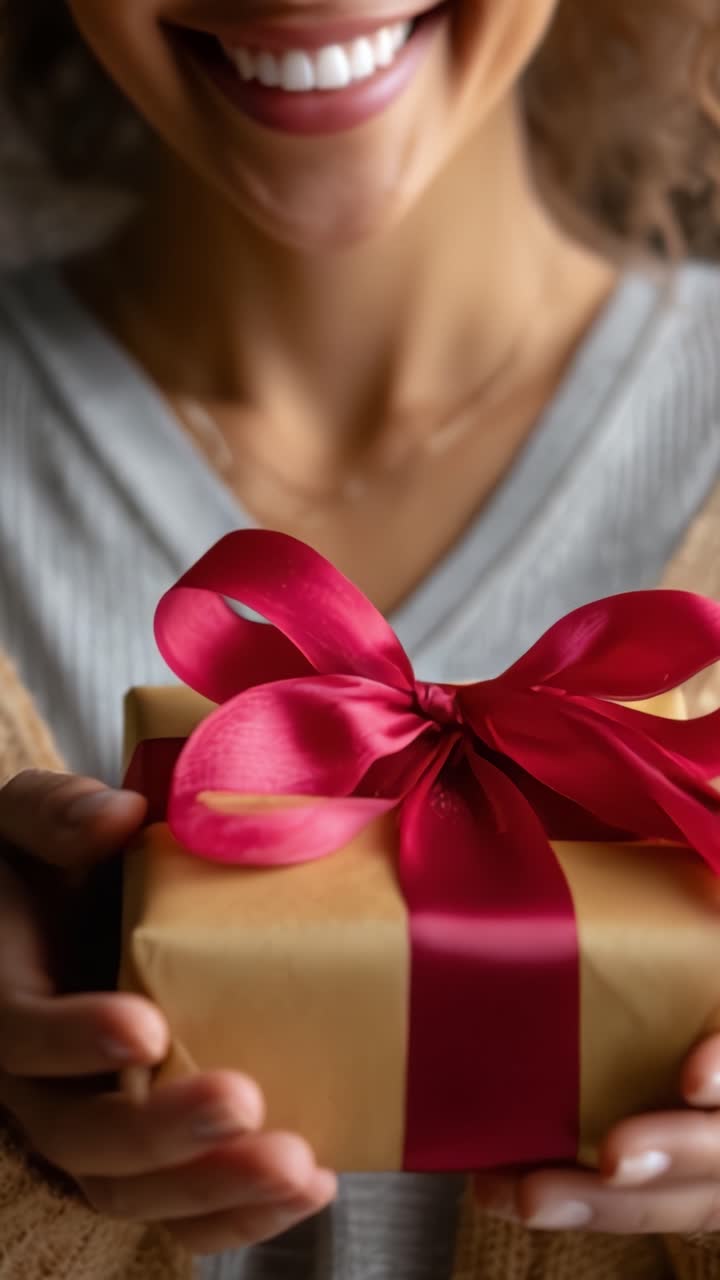 Momento gioioso: una donna tiene un regalo splendidamente incartato con un nastro rosso, catturando l'essenza di sorrisi celebrativi e generosità premurosa.