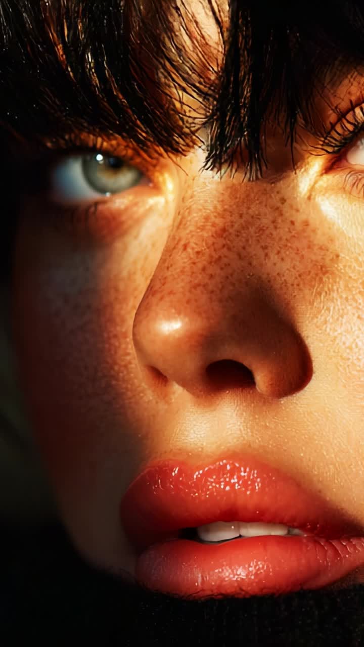 Captivating Close-Up of a Young Woman's Face with Striking Features, Highlighting Freckles, Glossy Lips, and Mesmerizing Eyes Enhanced by Natural Light