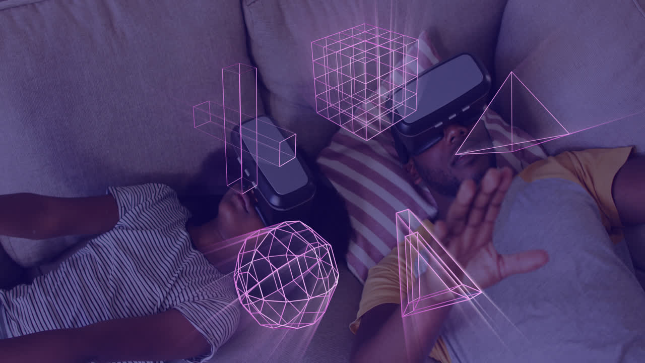 Animation of glowing 3d shapes over african american father and daughter using vr headset