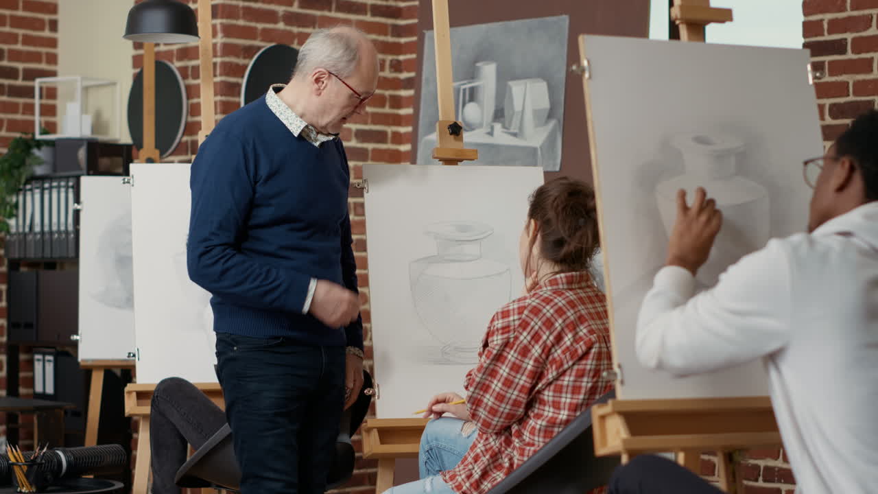 Elder teacher guiding young student to draw vase sketch