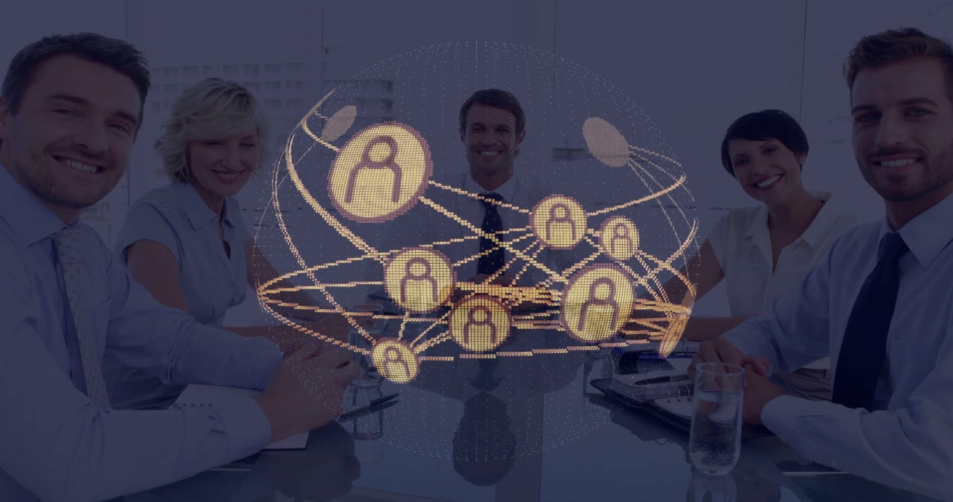 Business team meeting at glass table, 3D globe appearing, rotating, scaling nodes, drawing focus