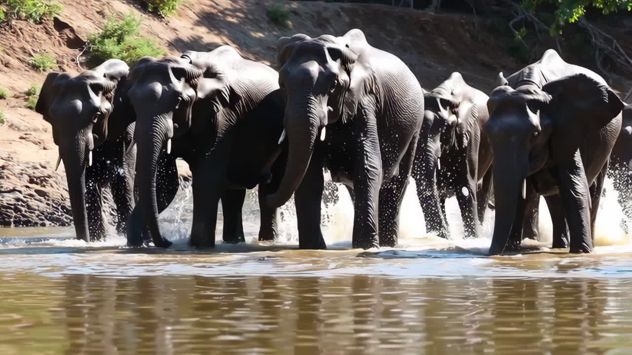 Elephants Crossing a River