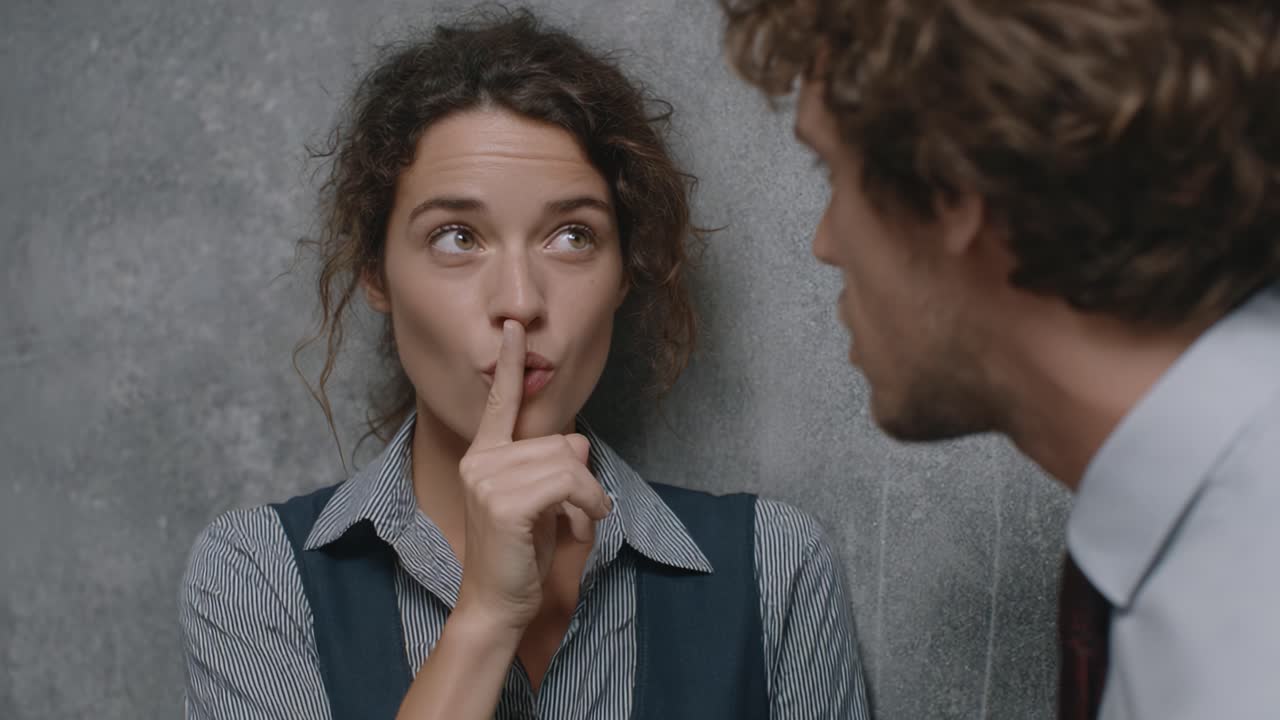 A Woman Gestures for Silence, Engaged in a Serious Conversation with a Man in a Dimly Lit Room, Emphasizing Secrecy and Discretion