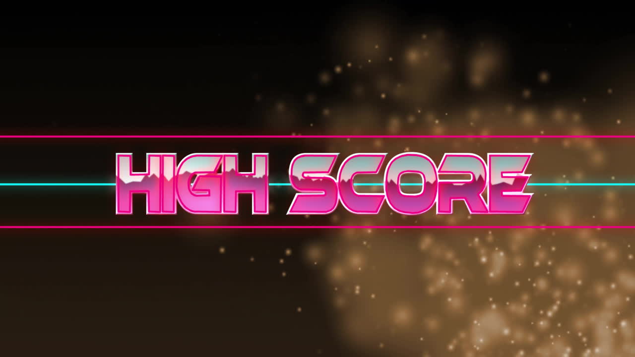 Neon style animation with high score text glowing over dark background particles