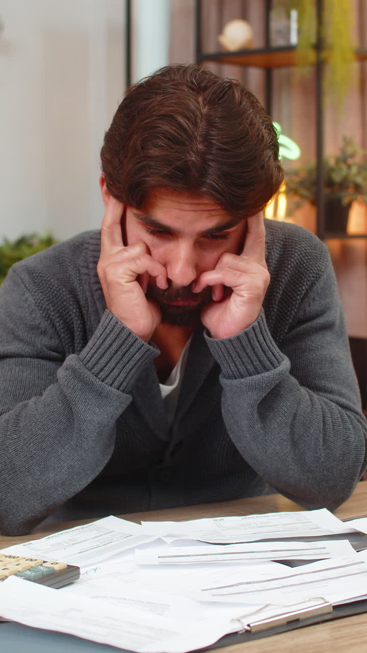 Indian man holds head over unpaid bills on table with calculator and laptop worried about money debt