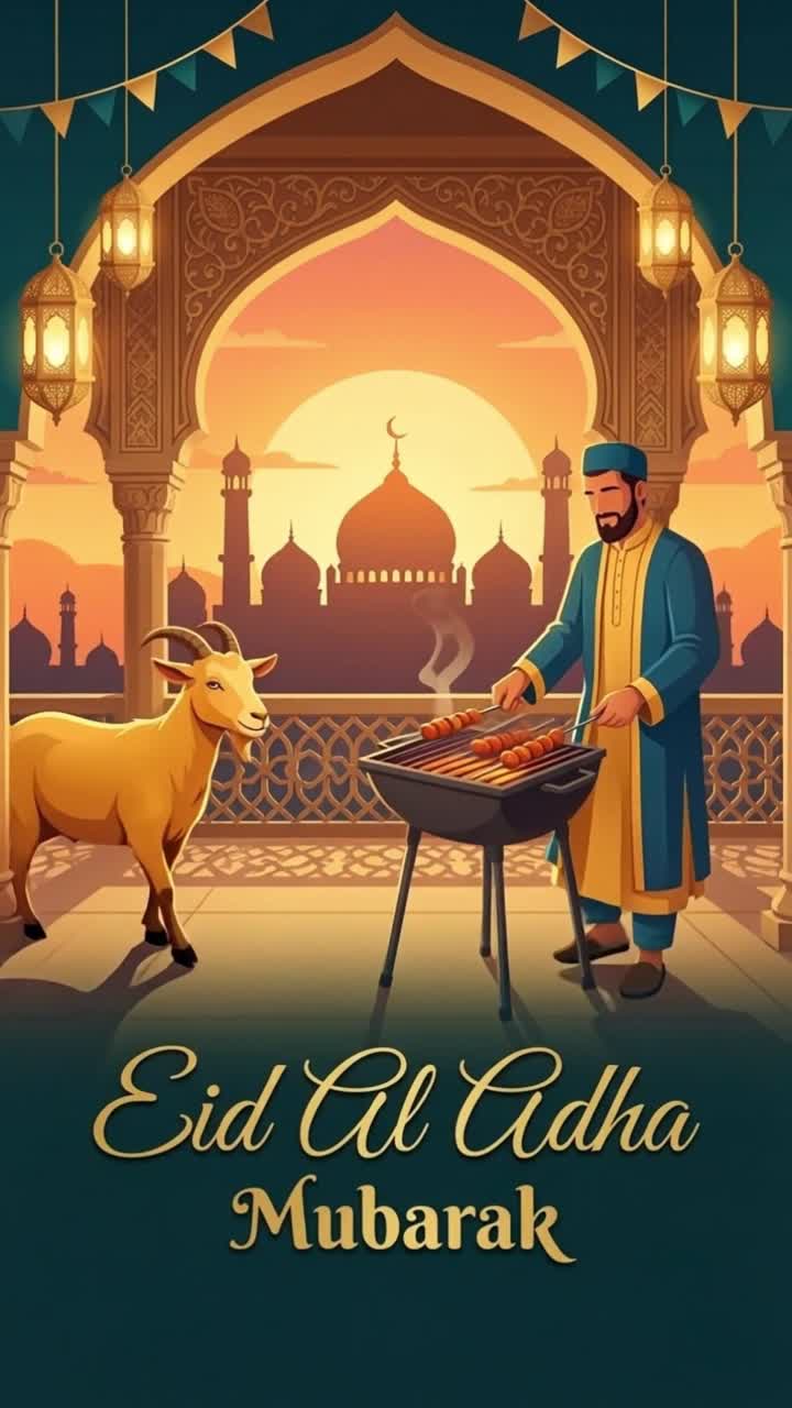 Animazione storia Eid al-Adha che mostra un uomo che griglia spiedini accanto a una capra vicino a un balcone di moschea decorato su sfondo ornamentale.