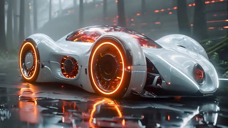 futuristic white concept car with glowing orange lights on a wet surface