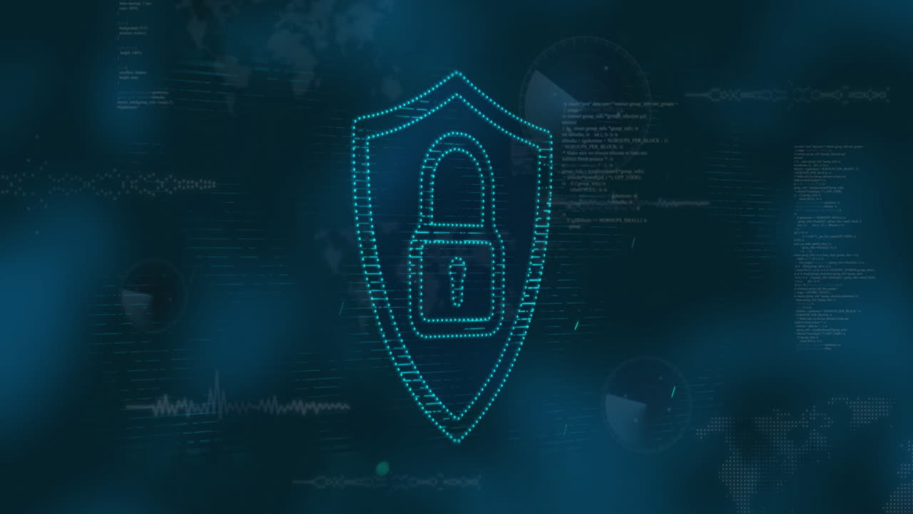 Cybersecurity animation showing shield with padlock icon and digital code