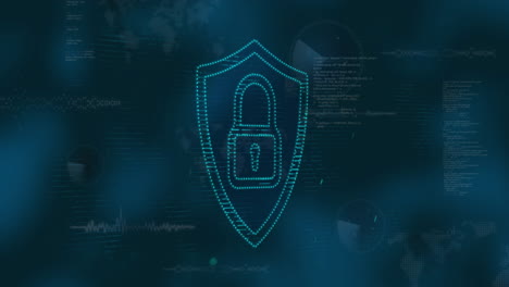 cybersecurity animation showing shield with padlock icon and digital code