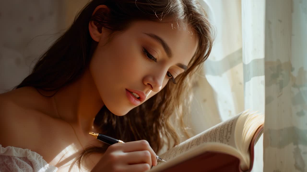 Scanning book, woman wearing white blouse using pen writing study notes at small desk by window