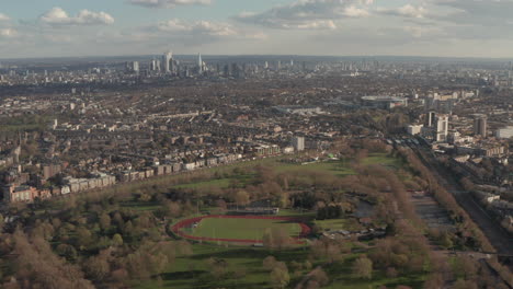 aerial shot over finsbury park towards central london