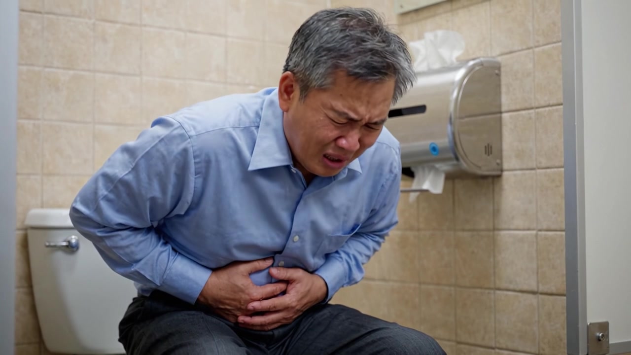 A man experiencing severe abdominal pain in a restroom setting, illustrating the distress and discomfort faced during digestive issues or gastrointestinal distress.