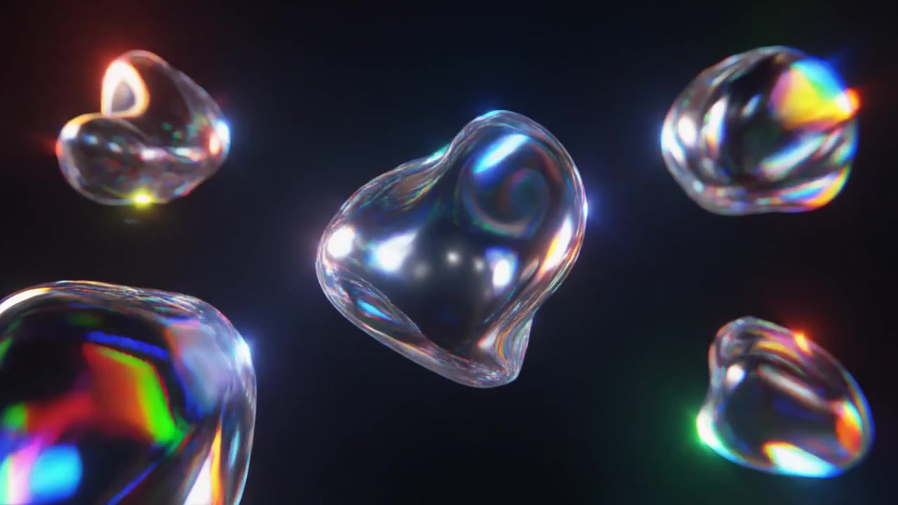Abstract Floating Iridescent Liquid Spheres on Dark Background