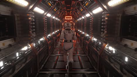 astronaut running through futuristic spaceship corridor