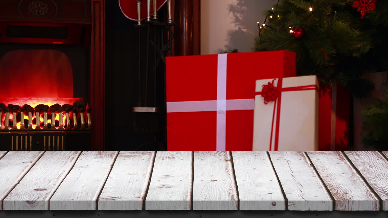 Houten voorgrond met kerstachtergrond van de Kerstman met cadeaus
